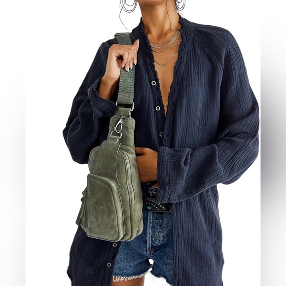 Free People Handbags - Free People Vintage Women's Hudson Suede Adjustable Sling Bag Gray, Green